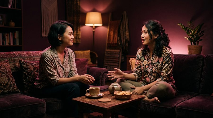 Ilustrasi dua sahabat duduk berdampingan, satu mendengarkan dengan saksama sambil yang lain bercerita