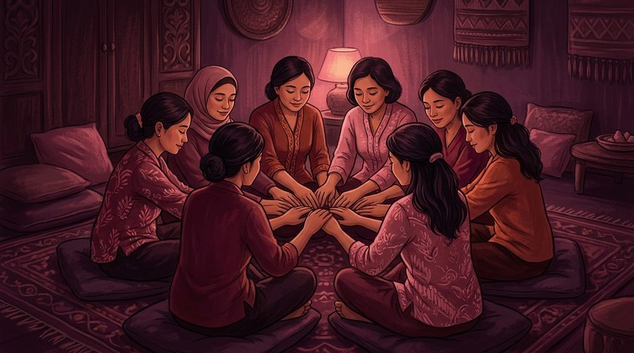 Ilustrasi lingkar dukungan perempuan yang duduk melingkar dan saling bergandengan tangan