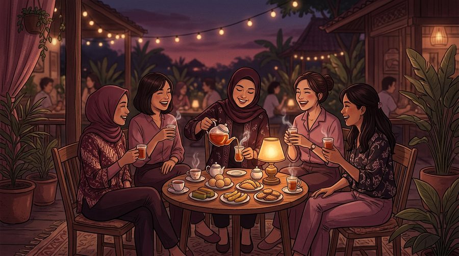 Ilustrasi meja teh dengan teko dan gelas-gelas kecil dikelilingi suasana kumpul yang hangat