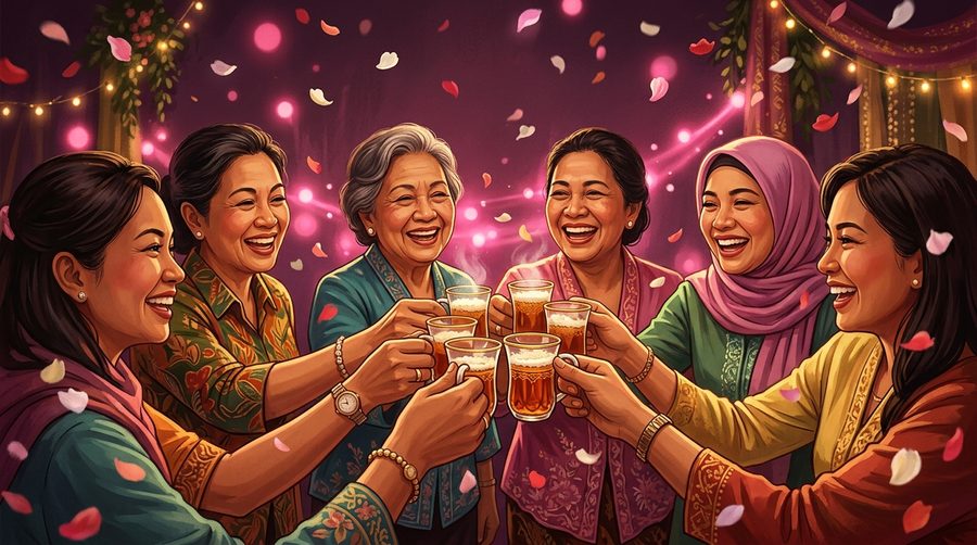 Ilustrasi sekelompok kawan mengangkat gelas teh bersama dalam suasana perayaan yang tulus